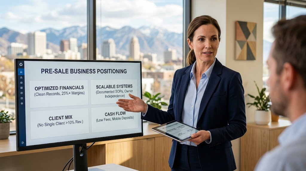 A professional woman stands on a Salt Lake City balcony, reviewing business documents on a laptop with the Utah State Capitol and surrounding mountains visible in the background. The scene symbolizes a business owner in Utah strategically preparing for a successful company sale with clear data and planning.